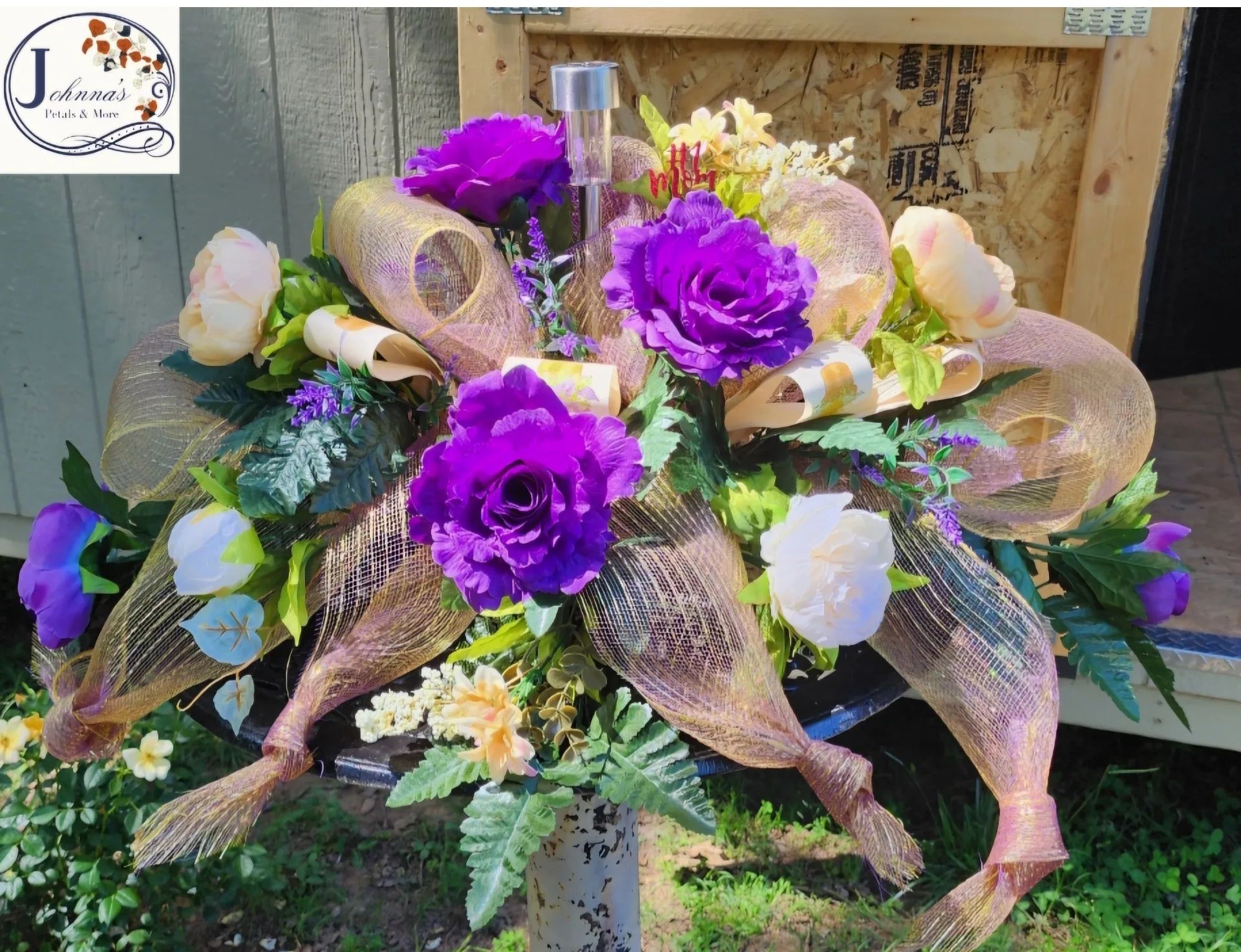 Silk Spray On A Brick With Solar Light Purples, Creams & White With Mesh Ribbon
