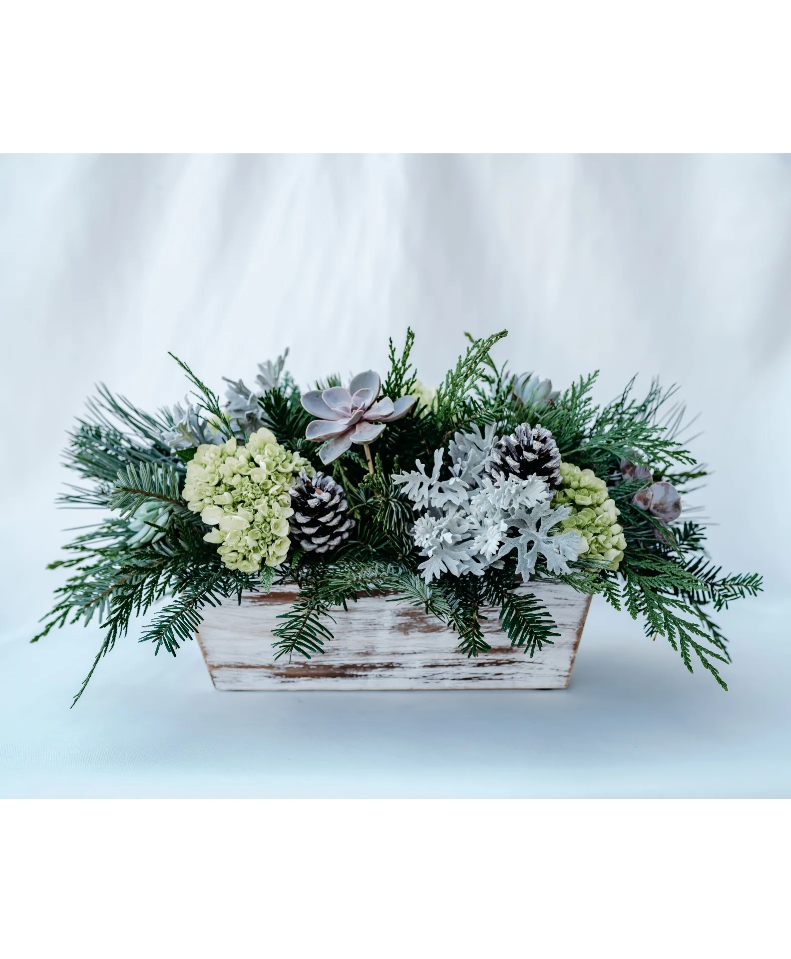 Frosted Winter Garden Wood Box Arrangement Frosted Winter Garden Wood Box Arrangement