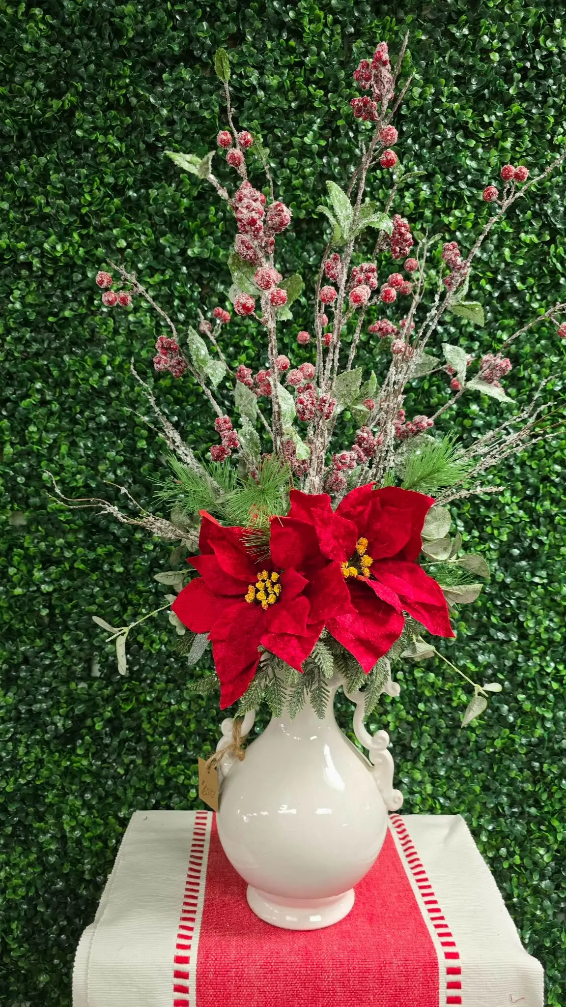 White Pitcher Vase Christmas Silk Arrangement White Pitcher Vase Christmas Silk Arrangement