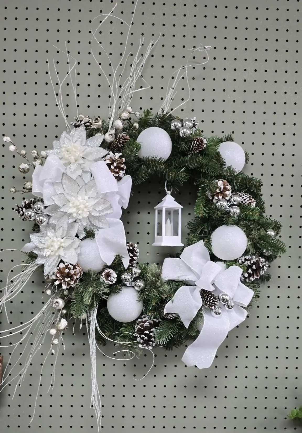 Christmas Wreath Glitter Ribbon White Lantern