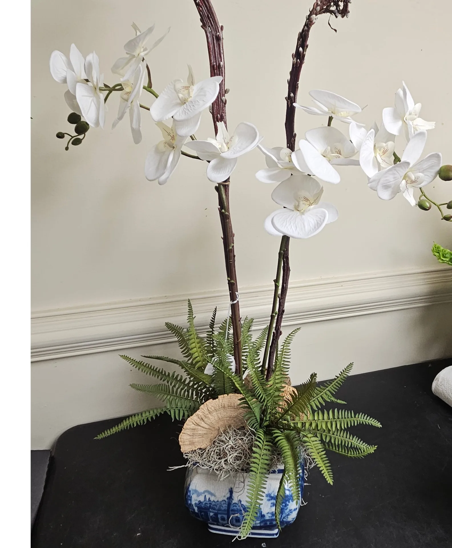 Italian village pottery with silk orchids Silk arrangement Italian village pottery with silk orchids Silk arrangement