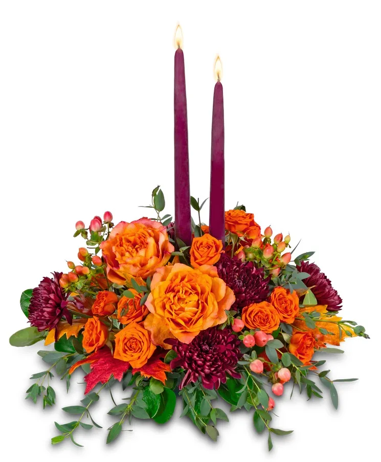 Candlelit Persimmon Centerpiece Flower Arrangement Candlelit Persimmon Centerpiece Flower Arrangement