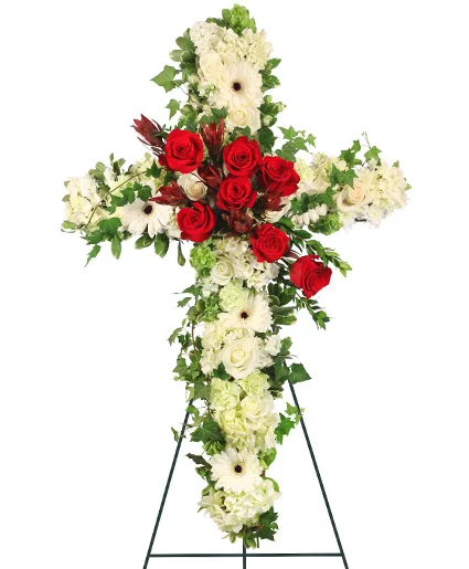 Peaceful Crossover in Red Standing Spray Peaceful Crossover in Red Standing Spray