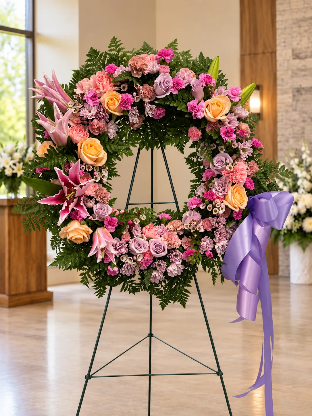 Grateful Love Lavender and Pink Wreath Standing Funeral Spray Grateful Love Lavender and Pink Wreath Standing Funeral Spray