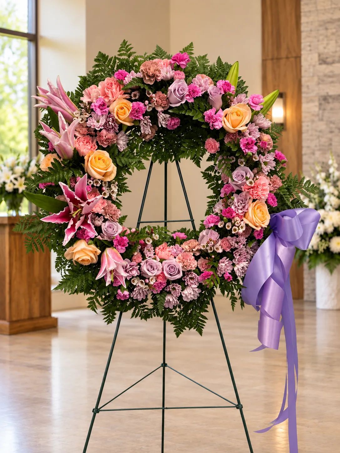 Grateful Love Lavender and Pink Wreath  Standing Funeral Spray