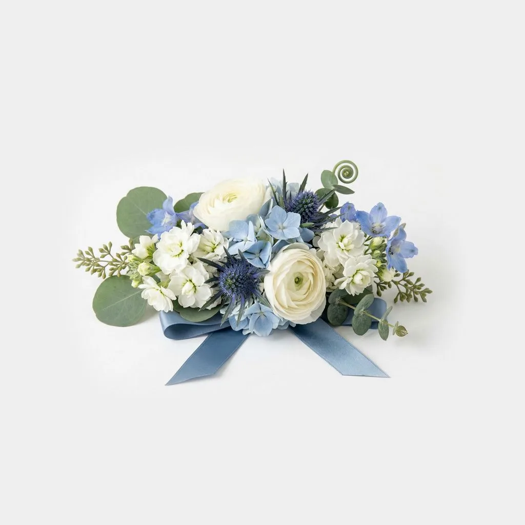 Dusty Blue Hydrangea Wrist Corsage. Fresh or Keepsake Dusty Blue Hydrangea Wrist Corsage. Fresh or Keepsake