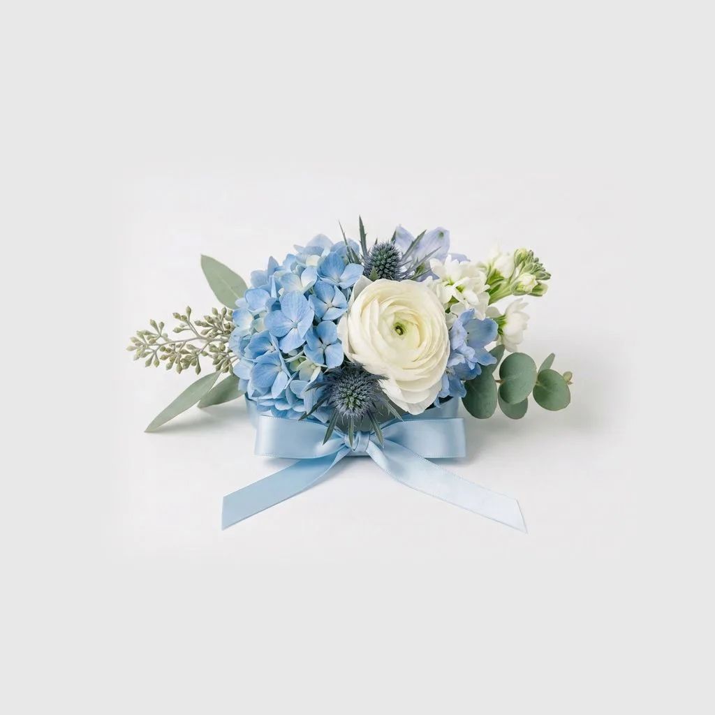 Dusty Blue Hydrangea Wrist Corsage. Fresh or Keepsake
