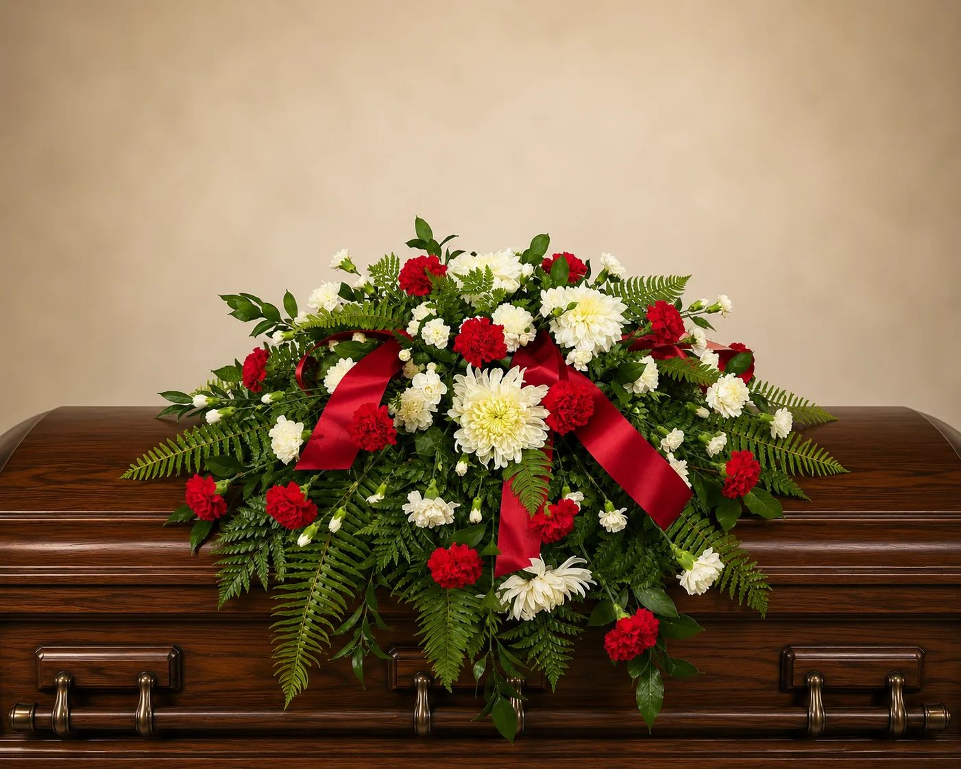 Red And White Tribute Casket Spray for Mora