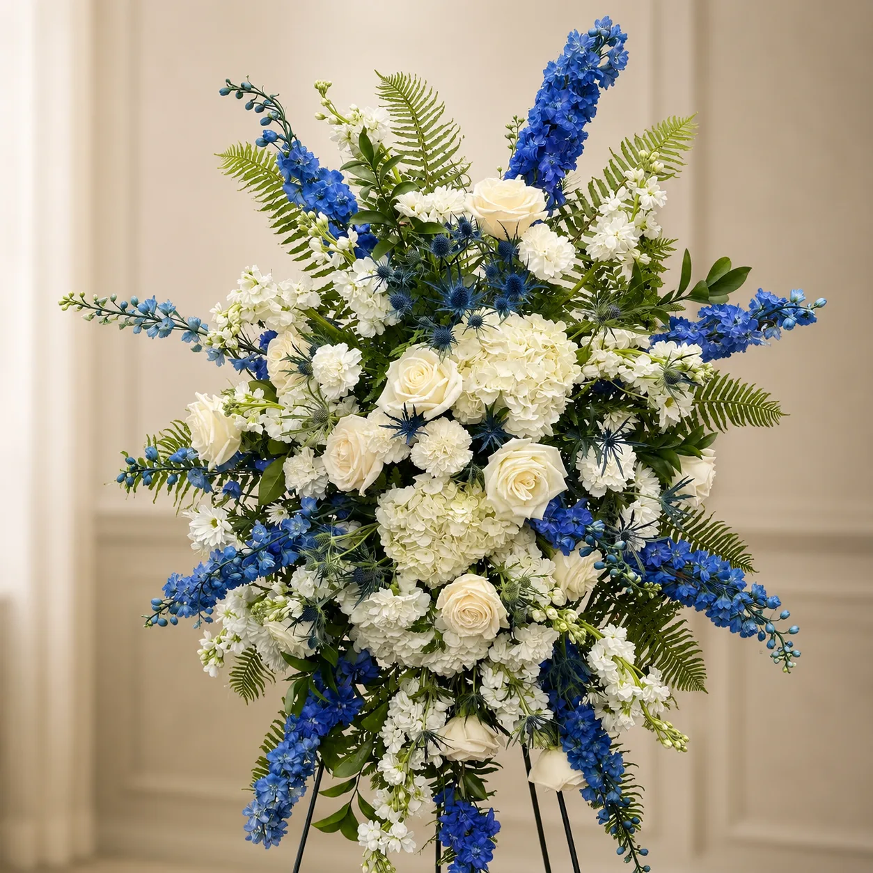 Striking Blue and White Remembrance Spray for Mora MN Striking Blue and White Remembrance Spray for Mora MN