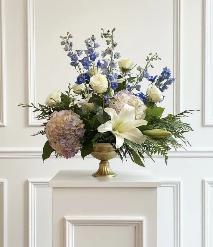 Heavenly Hues Gold Compote Arrangement