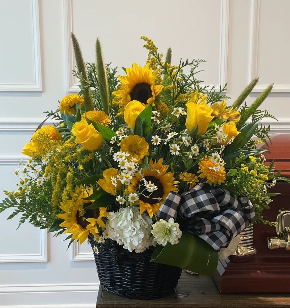 Sending Sunshine Basket Wicker Basket Arrangement with Sunflowers, Yellow Roses,