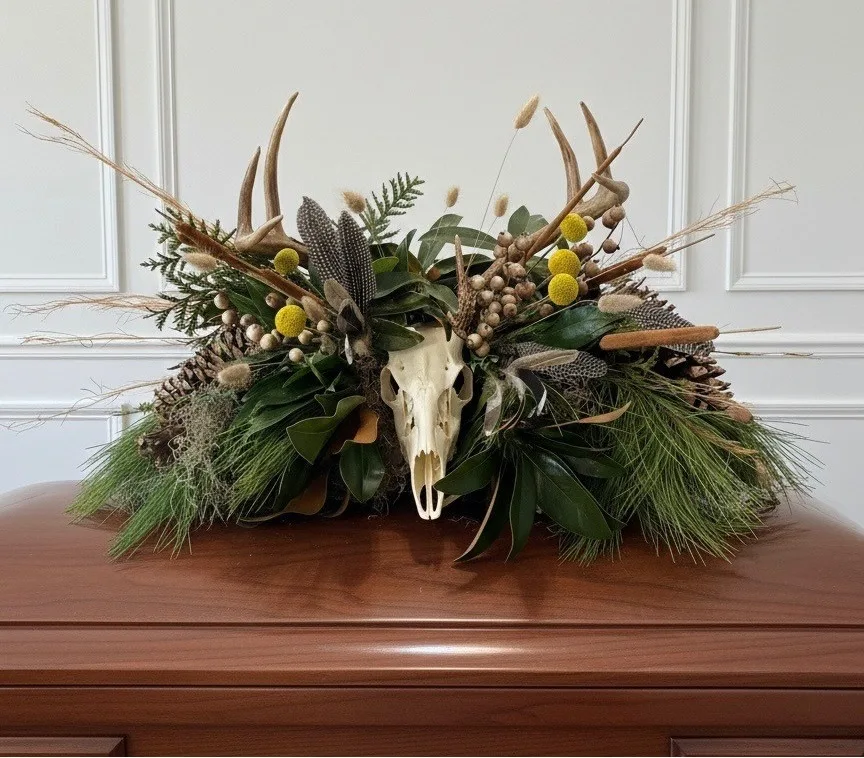 The Huntsman Skull and Antler Mount Casket Spray The Huntsman Skull and Antler Mount Casket Spray