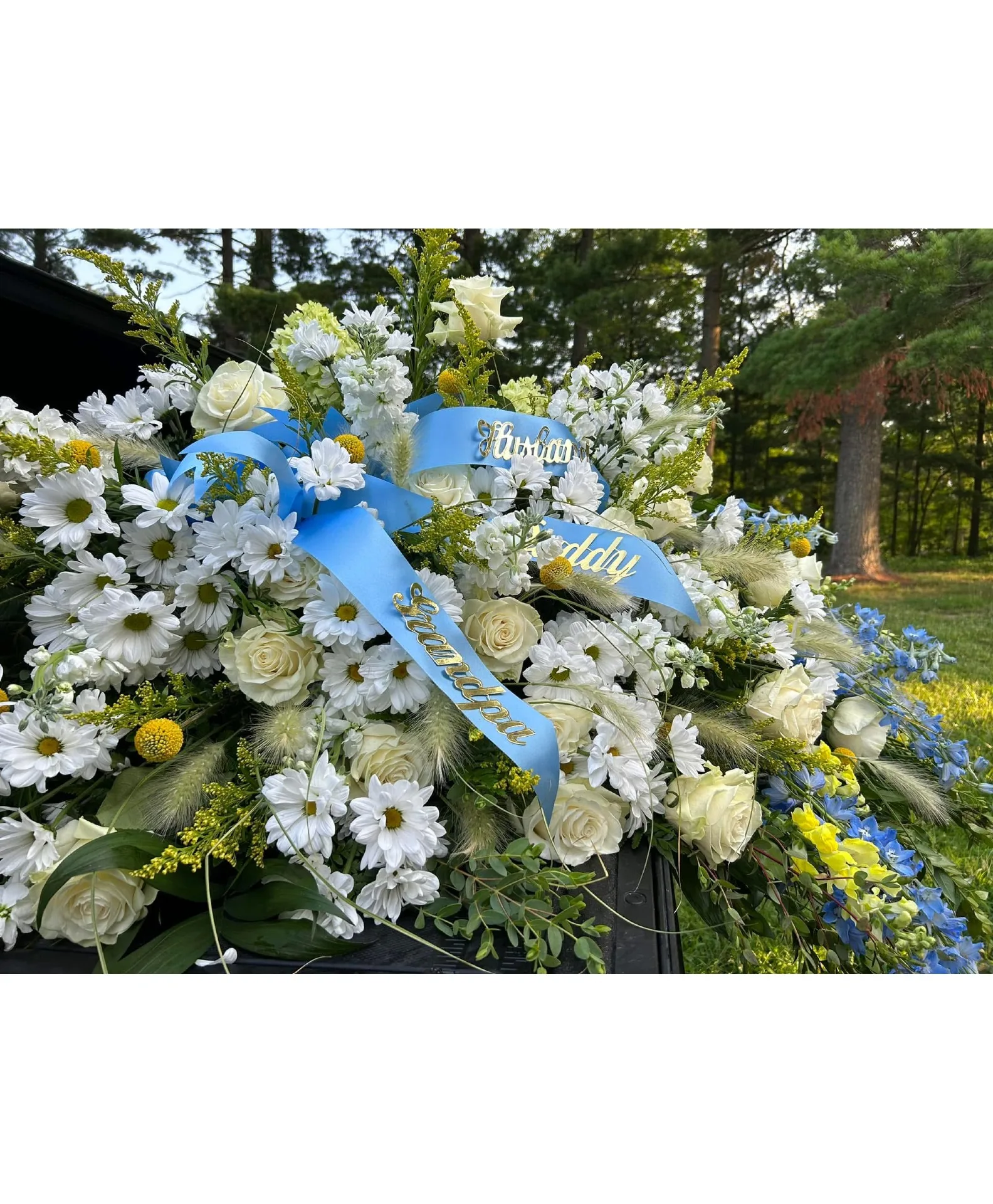 Custom Designed Casket Spray Daisies, Roses, Ribbons Custom Designed Casket Spray Daisies, Roses, Ribbons