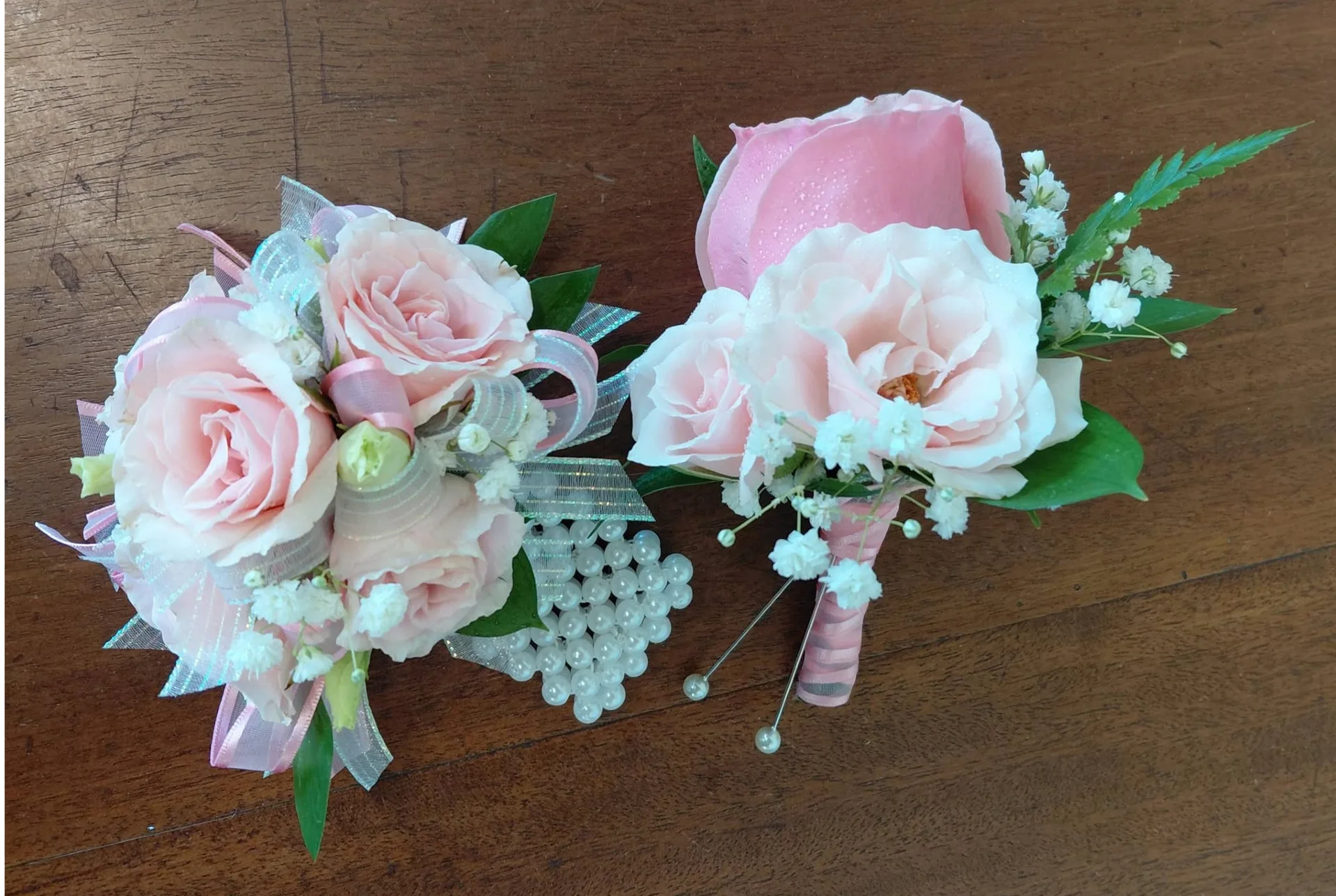 Pink and Pearls Corsage and Boutonniere (SET) Prom Flowers Pink and Pearls Corsage and Boutonniere (SET) Prom Flowers
