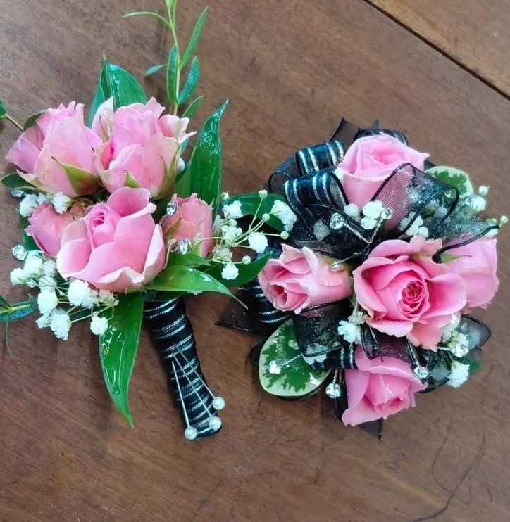 Pink and Blacke Corsage and Boutonniere (SET) Prom Flowers Pink and Blacke Corsage and Boutonniere (SET) Prom Flowers