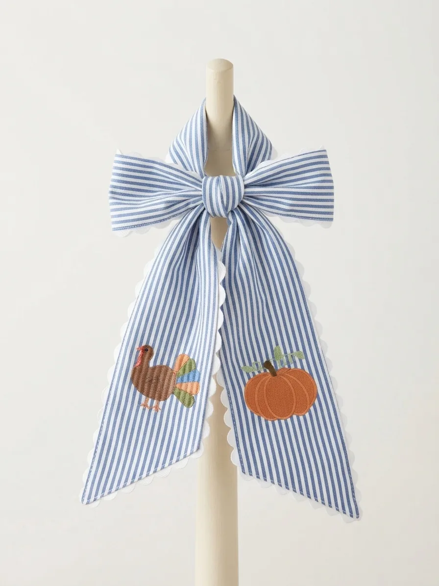Blue and White Stripe Turkey & Pumpkin Wreath Sash Blue and White Stripe Turkey & Pumpkin Wreath Sash