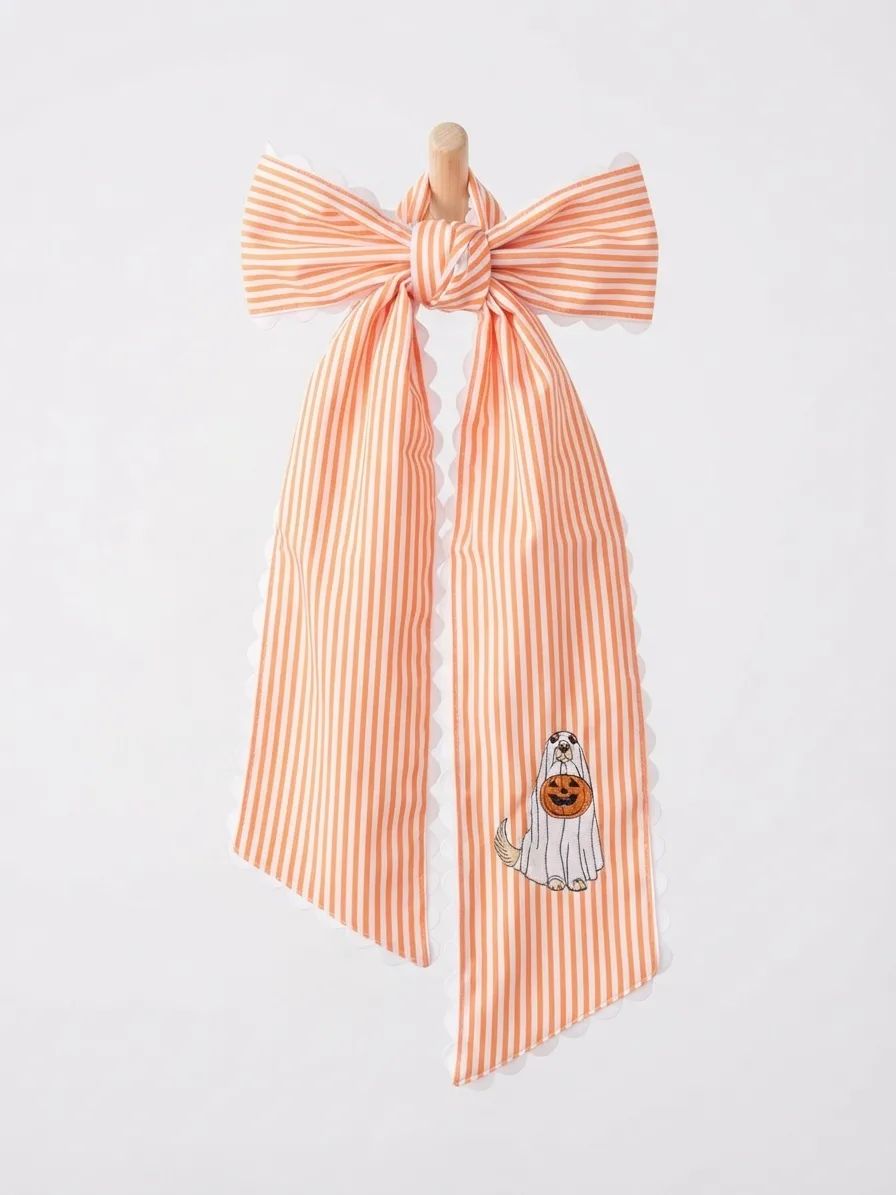 Orange and White Stripe Ghost Dog Halloween Wreath Sash