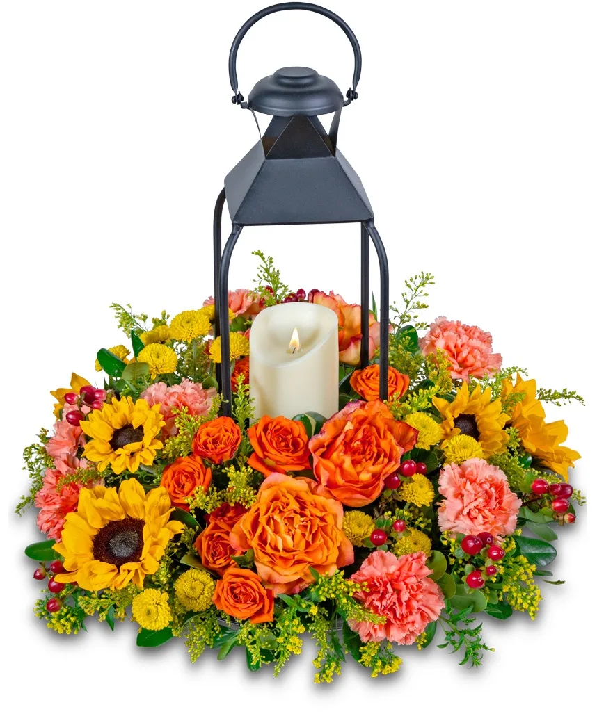 Lush Goldenrod Lantern Flower Arrangement Lush Goldenrod Lantern Flower Arrangement