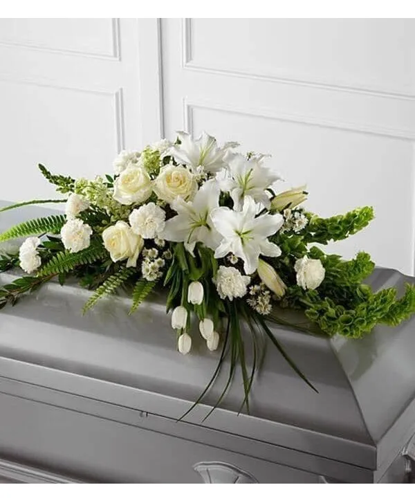 Peaceful Remembrance In White Casket Spray Peaceful Remembrance In White Casket Spray