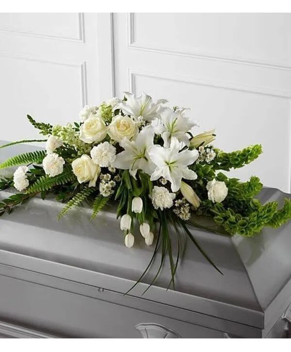 Peaceful Remembrance In White Casket Spray