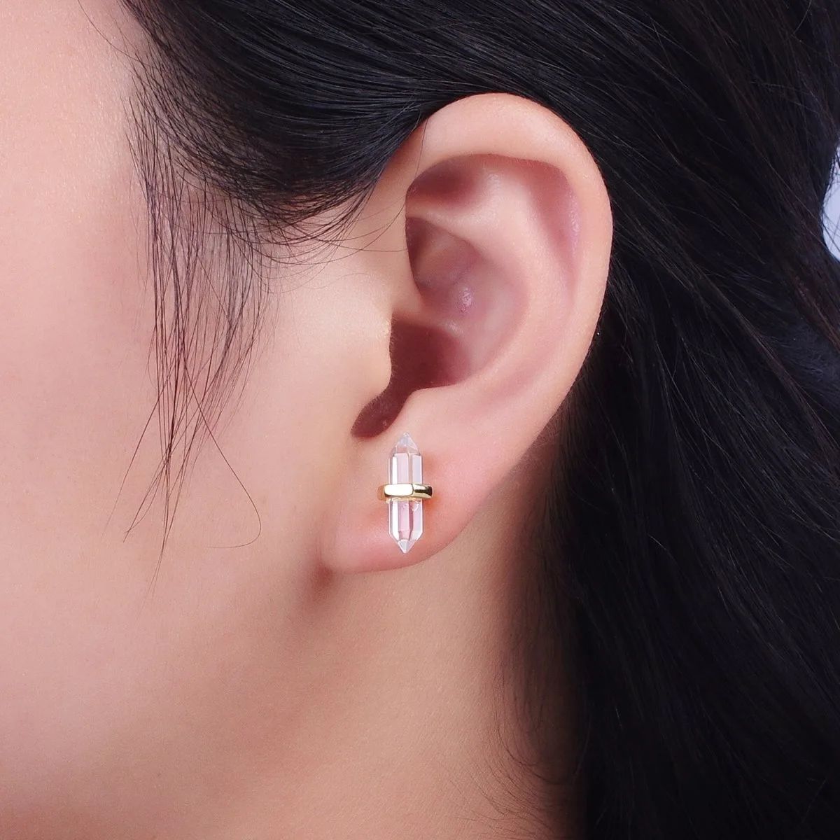 Clear Quartz Pointed Wand Gold Minimalist Stud