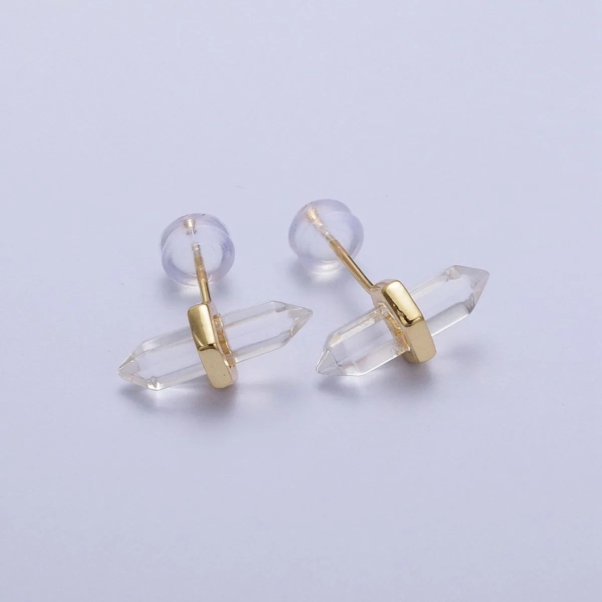 Clear Quartz Pointed Wand Gold Minimalist Stud