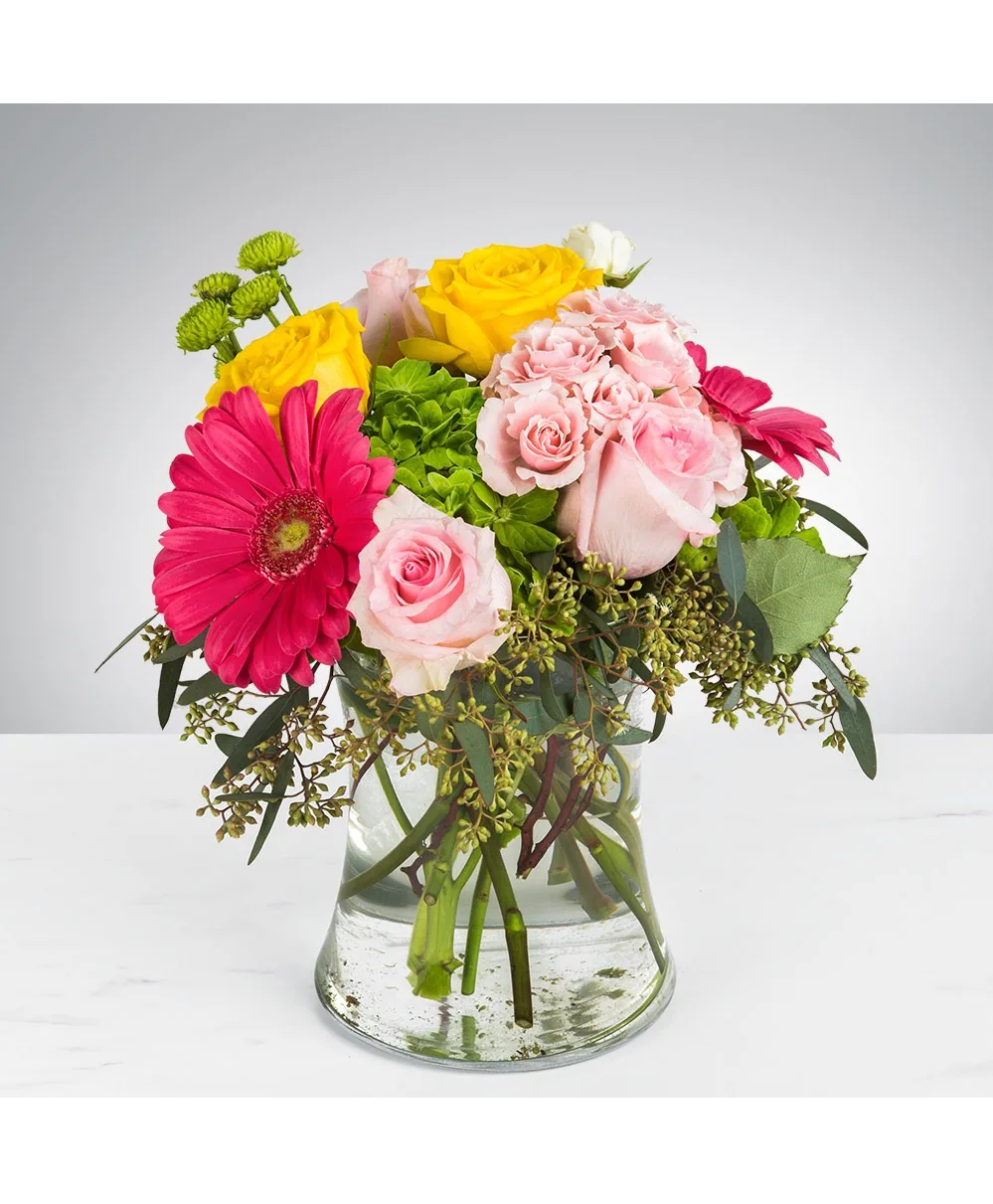 Sunset Blush Celebration Clear Glass Vase Arrangement – Modern Garden Style (All-Around Design) Sunset Blush Celebration Clear Glass Vase Arrangement – Modern Garden Style (All-Around Design)
