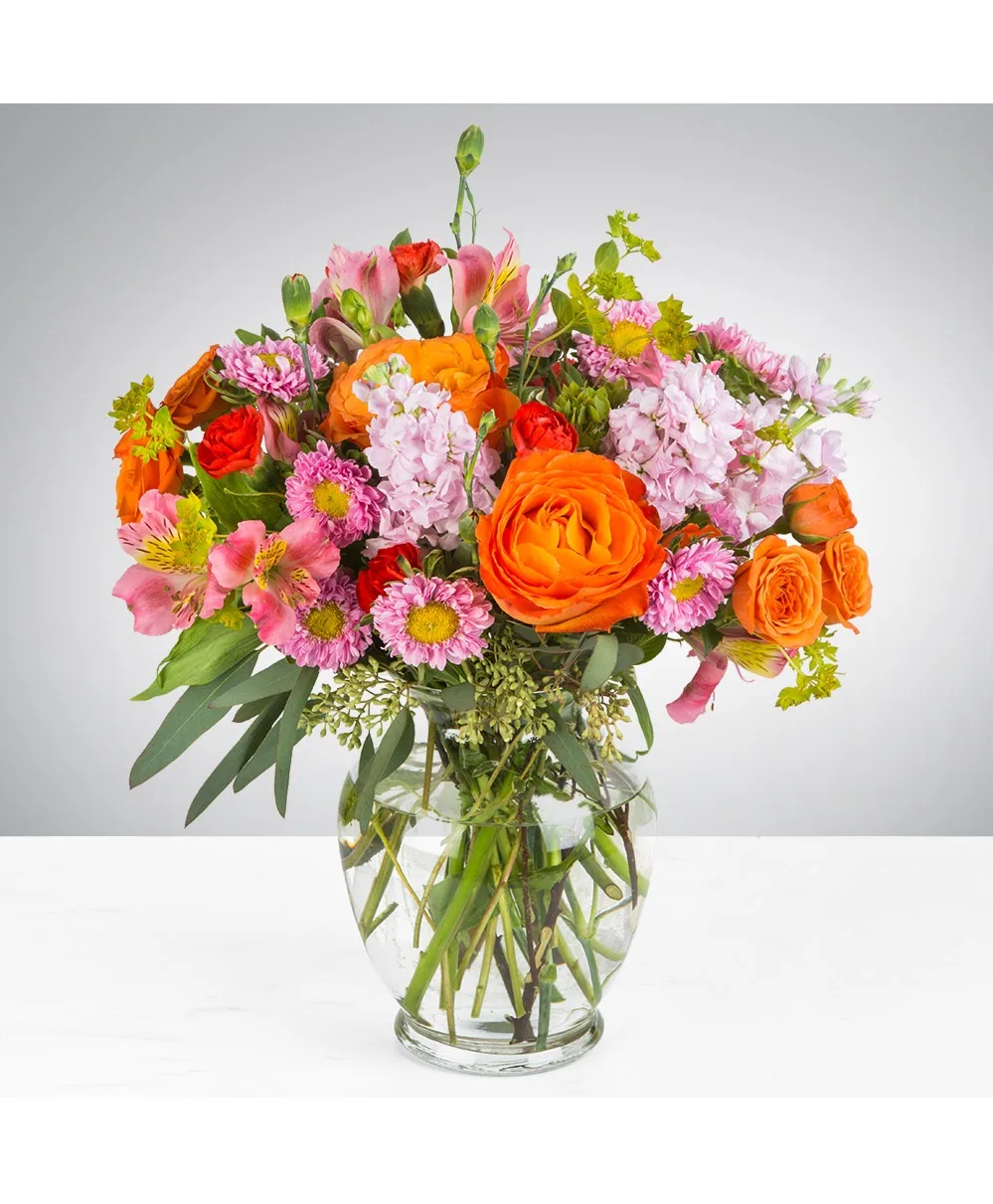 Sunset Blush Garden Garden-Inspired Handcrafted Arrangement in Clear Glass Vase Sunset Blush Garden Garden-Inspired Handcrafted Arrangement in Clear Glass Vase