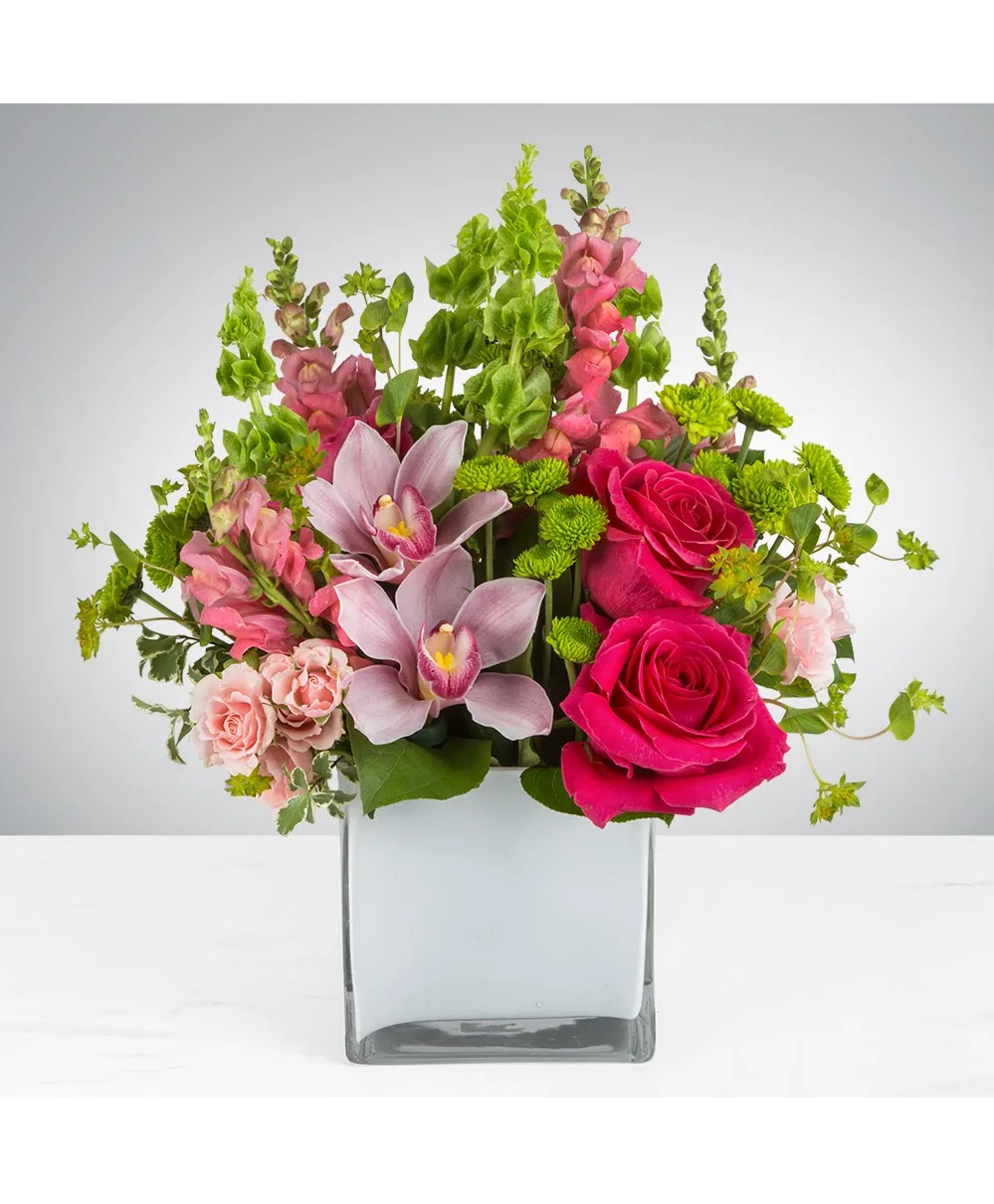 Radiant Orchid Garden Modern Garden-Style Floral Arrangement in Clear Glass Vase Radiant Orchid Garden Modern Garden-Style Floral Arrangement in Clear Glass Vase