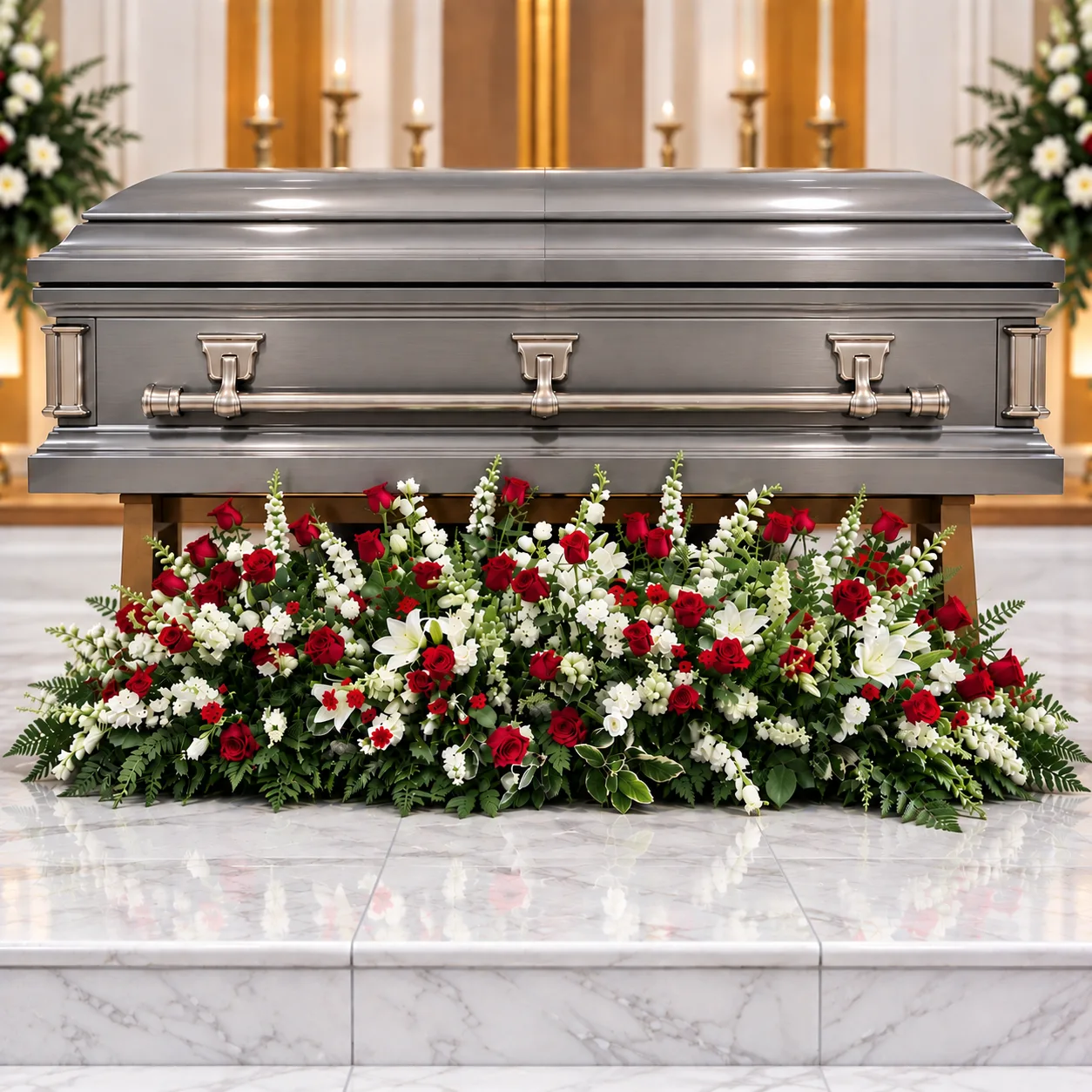 Red and White Casket Floor Spray Red and White Casket Floor Spray