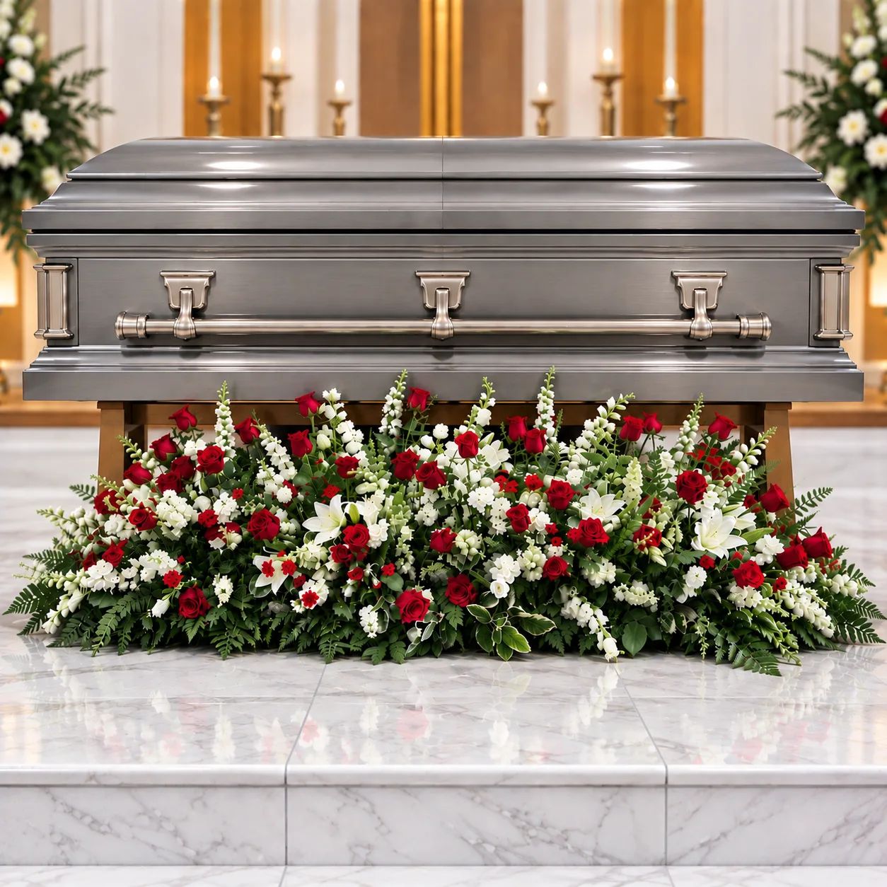 Red and White Casket Floor Spray