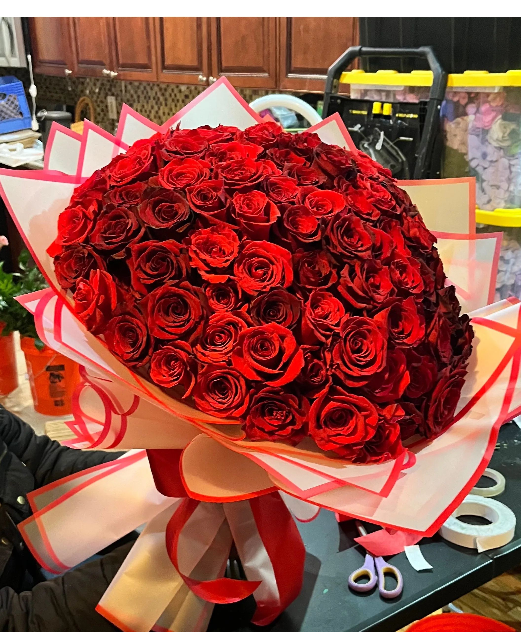 Red Crimson Luxe – 75-Rose Grand Hand-Tied Bouquet