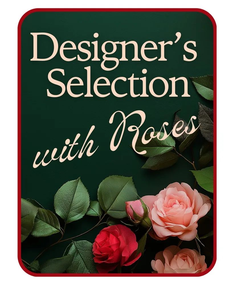 Designer's Choice with Roses in Glass Vase Flower Arrangement