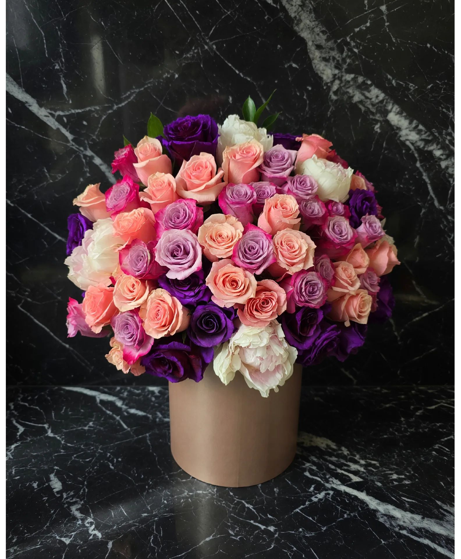 Happiness Love box A rainbow of soft color roses and jewel tone colors
